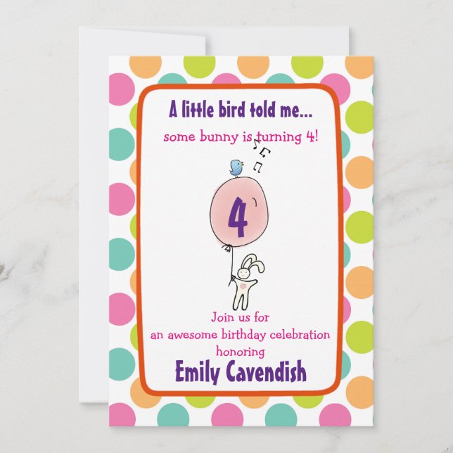 Cute Bunny Holding a Balloon Polka Dot Birthday Inbjudningar (Framsida)