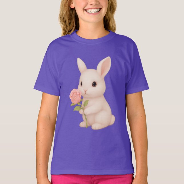 Cute Bunny Holding Flower Girls' T-Shirt (Framsida)