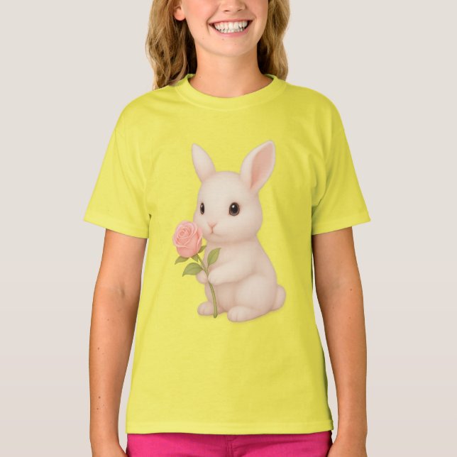 Cute Bunny Holding Flower Girls' T-Shirt (Framsida)