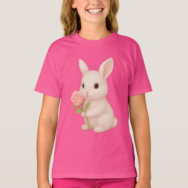 Cute Bunny Holding Flower Girls' T-Shirt (Framsida)