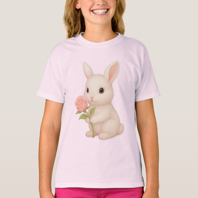Cute Bunny Holding Flower Girls' T-Shirt (Framsida)