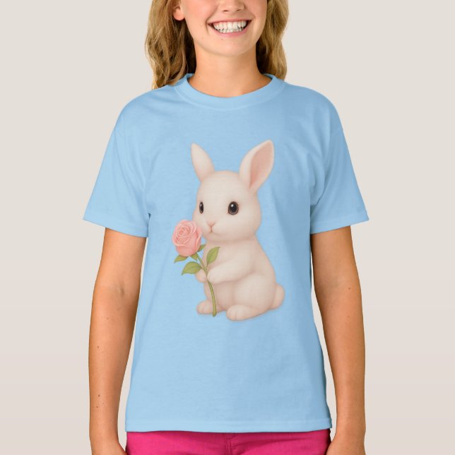 Cute Bunny Holding Flower Girls' T-Shirt (Framsida)
