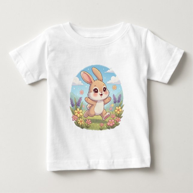 Cute Bunny Hopping i Flower Fält T Shirt (Framsida)
