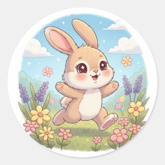 Cute Bunny Hopping in a Flower Field Runt Klistermärke