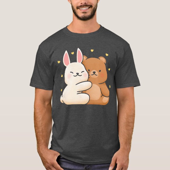 Cute Bunny Hug Bear Bunny and Bearhey Share Love B T Shirt (Framsida)