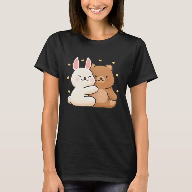 Cute Bunny Hug Bear Bunny och Bear De  Kärlek T Shirt (Framsida)