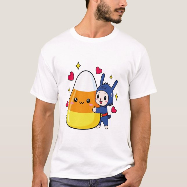 Cute Bunny Hugging Candy Corn T Shirt (Framsida)