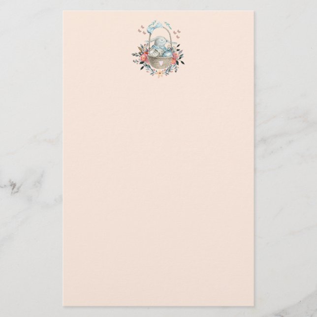 Cute Bunny i basket med äggen och Söt Flowers Brevpapper (Framsida)