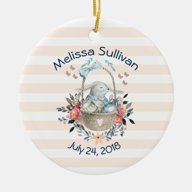 Cute Bunny i basket med äggen och Söt Flowers Julgransprydnad Keramik (Framsidan)