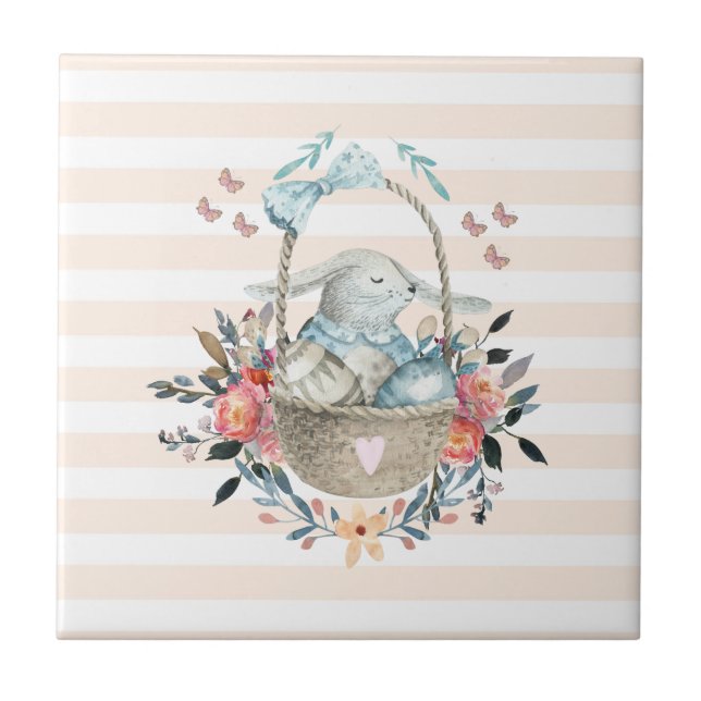 Cute Bunny i basket med äggen och Söt Flowers Kakelplatta (Framsidan)