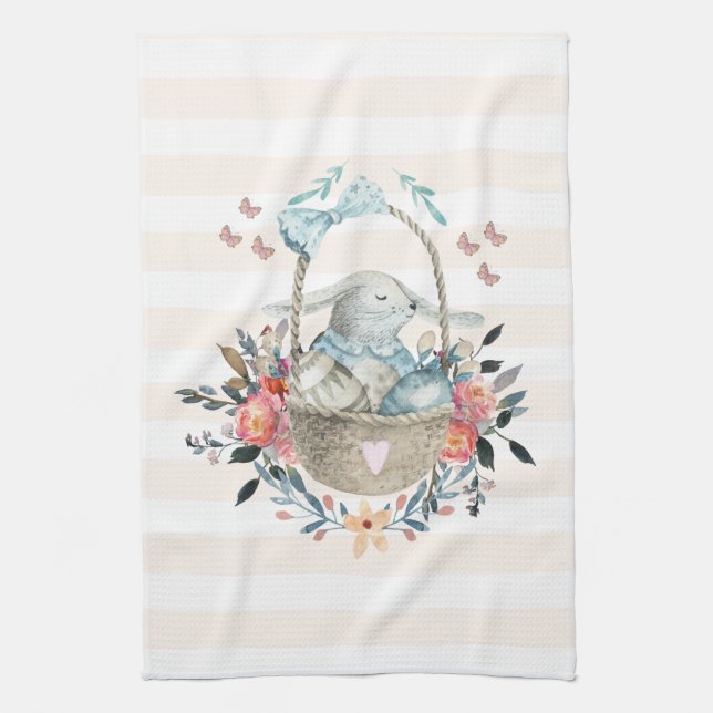 Cute Bunny i basket med äggen och Söt Flowers Kökshandduk (Vertikal)