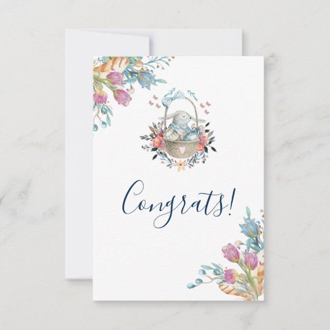 Cute Bunny i basket med äggen och Söt Flowers Kort (Framsida)