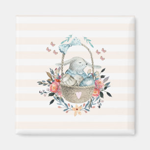 Cute Bunny i basket med äggen och Söt Flowers Magnet