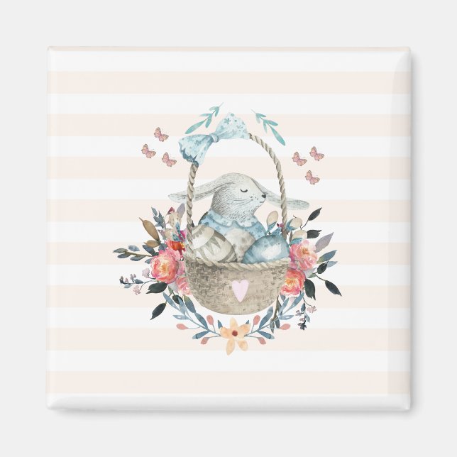 Cute Bunny i basket med äggen och Söt Flowers Magnet (Framsidan)