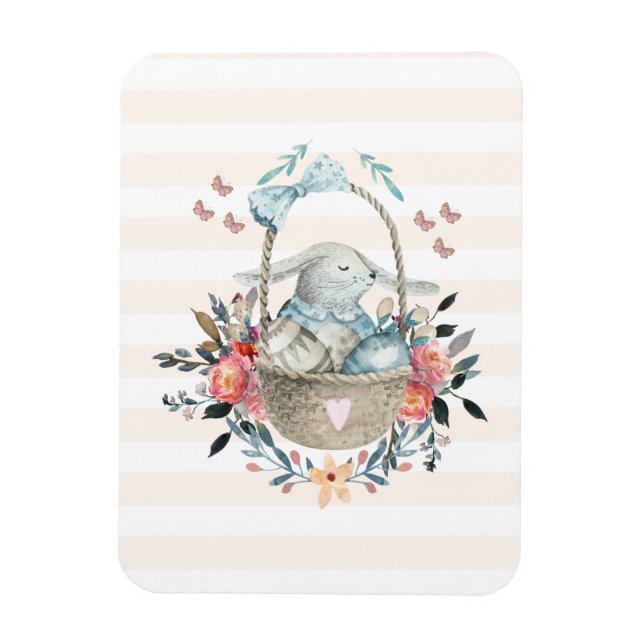Cute Bunny i basket med äggen och Söt Flowers Magnet (Vertikal)