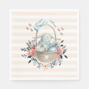 Cute Bunny i basket med äggen och Söt Flowers Pappersservett