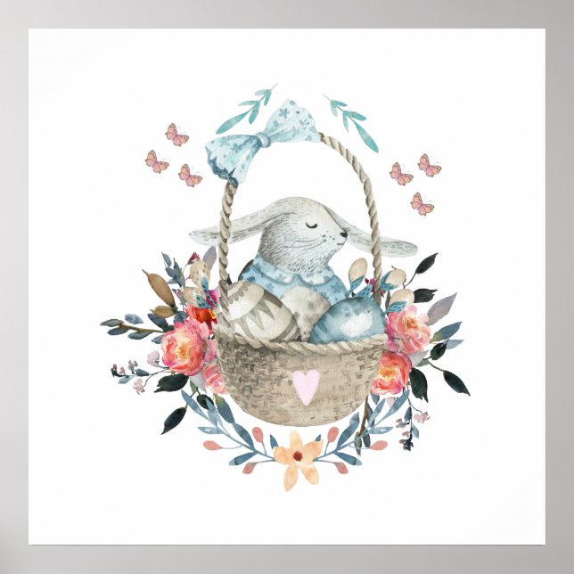 Cute Bunny i basket med äggen och Söt Flowers Poster (Framsidan)