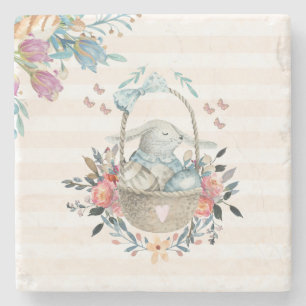 Cute Bunny i basket med äggen och Söt Flowers Stenunderlägg