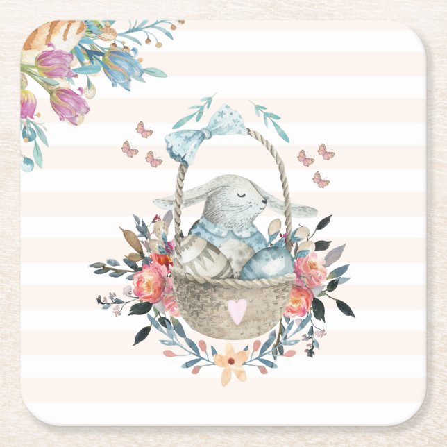 Cute Bunny i basket med äggen och Söt Flowers Underlägg Papper Kvadrat (Framsidan)