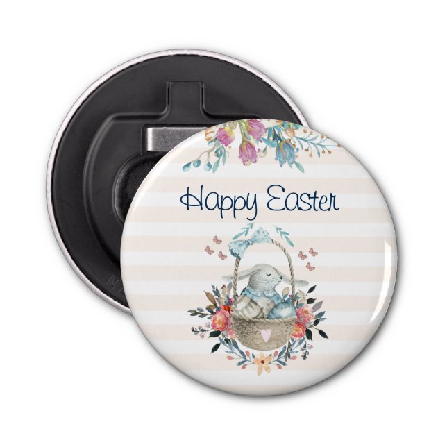 Cute Bunny i Basket & Tulip Blommigt Glad påsk Flasköppnare (Framsidan)