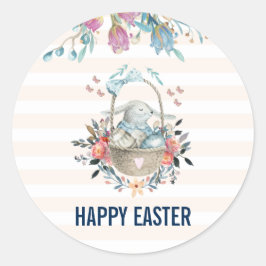Cute Bunny i Basket & Tulip Blommigt Glad påsk Runt Klistermärke