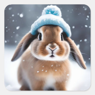Cute Bunny i en Bobble Hat OWN-jul Fyrkantigt Klistermärke