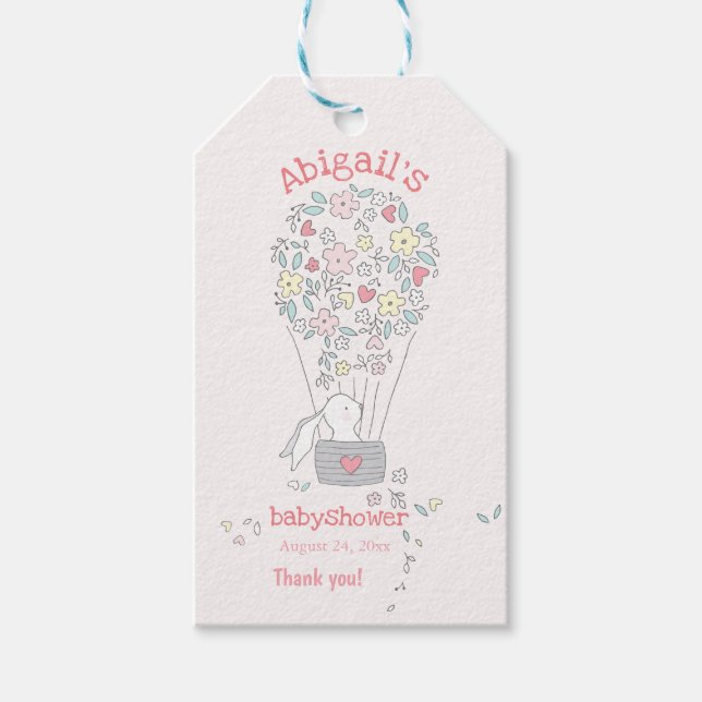 Cute Bunny i Luft Balloon - Babydusch Tack Presentetikett (Framsidan)
