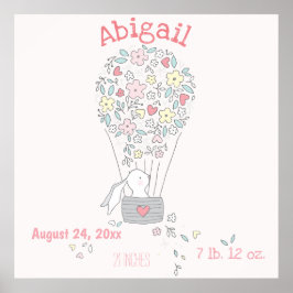 Cute Bunny i Luft Balloon Birth Stats Nursery Art Poster