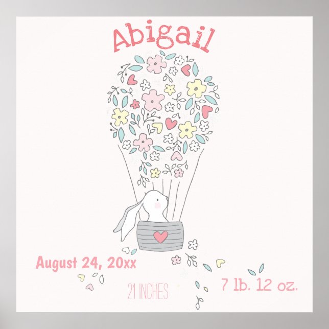 Cute Bunny i Luft Balloon Birth Stats Nursery Art Poster (Framsidan)