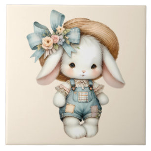 Cute Bunny i overalls med rå hatt och bow Kakelplatta