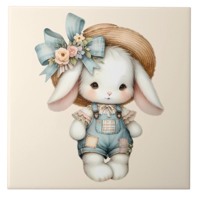 Cute Bunny i overalls med rå hatt och bow Kakelplatta (Framsidan)