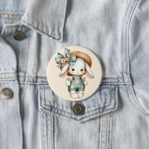 Cute Bunny i overalls med rå hatt och bow Knapp
