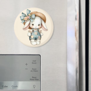 Cute Bunny i overalls med rå hatt och bow Magnet