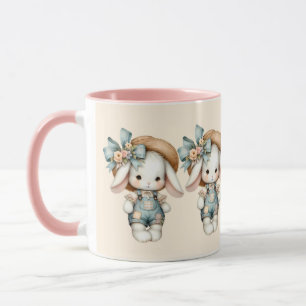 Cute Bunny i overalls med rå hatt och bow Mugg