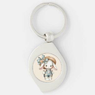 Cute Bunny i overalls med rå hatt och bow Swirl Silverfärgad Nyckelring