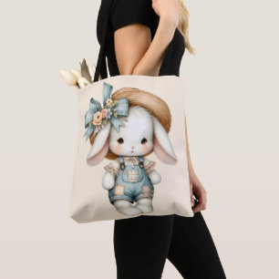 Cute Bunny i overalls med rå hatt och bow Tygkasse