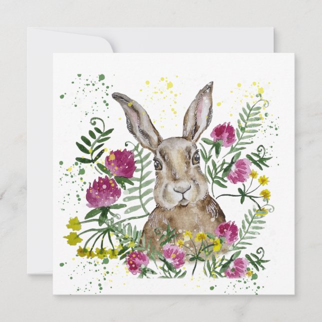 Cute bunny i vattenfärgblommor inbjudningar (Framsida)