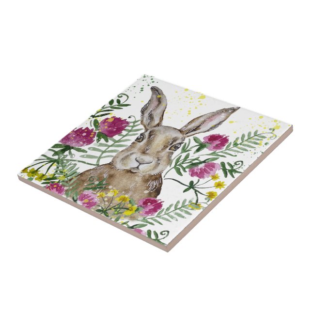 Cute bunny i vattenfärgblommor kakelplatta (Sidan)
