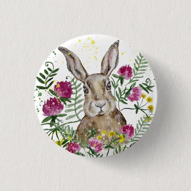 Cute bunny i vattenfärgblommor knapp (Framsida)