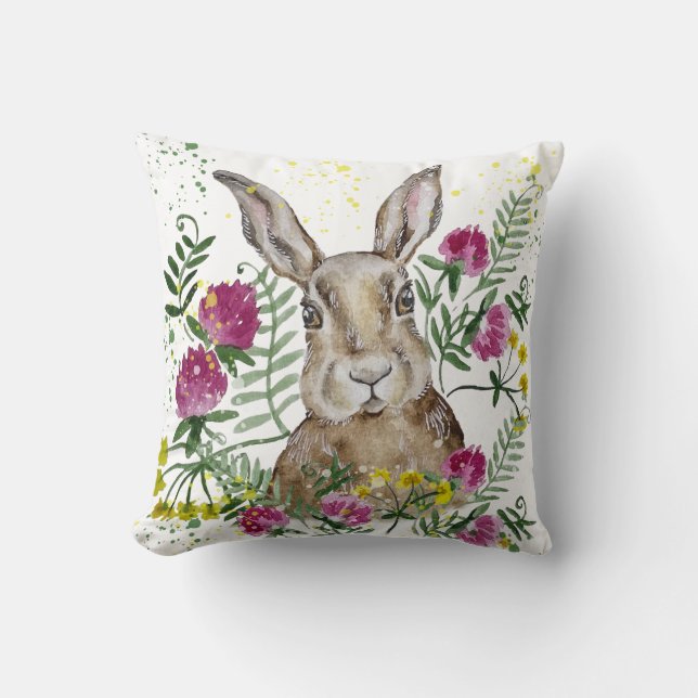 Cute bunny i vattenfärgblommor kudde (Framsida)