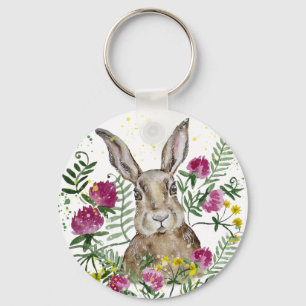 Cute bunny i vattenfärgblommor nyckelring
