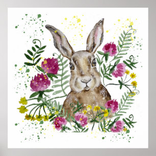 Cute bunny i vattenfärgblommor poster