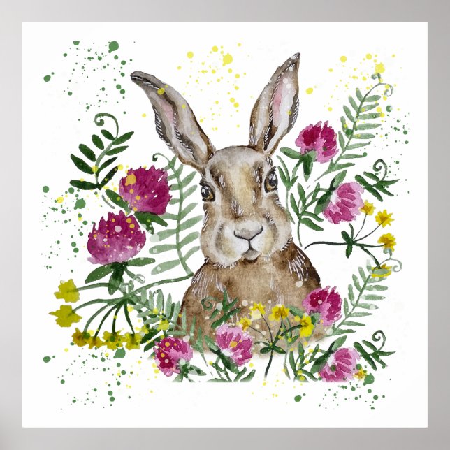 Cute bunny i vattenfärgblommor poster (Framsidan)