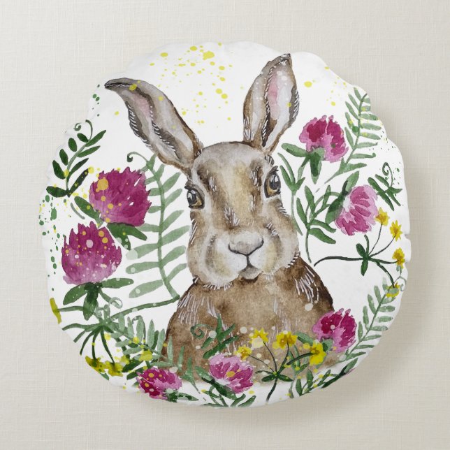 Cute bunny i vattenfärgblommor rund kudde (Framsidan)