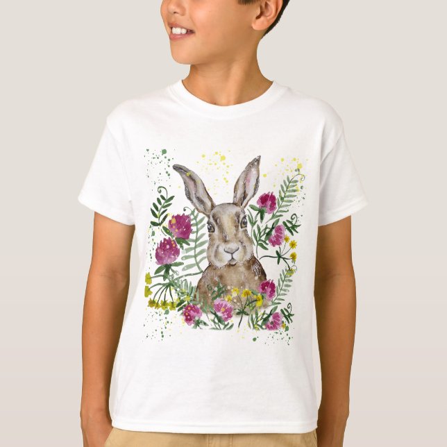 Cute bunny i vattenfärgblommor t shirt (Framsida)