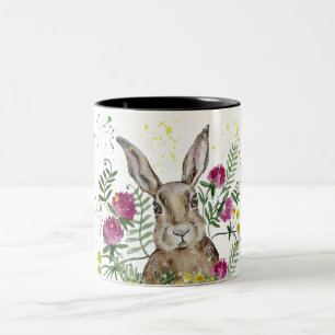 Cute bunny i vattenfärgblommor Två-Tonad mugg