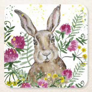 Cute bunny i vattenfärgblommor underlägg papper kvadrat