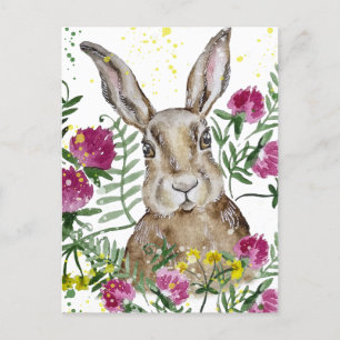 Cute bunny i vattenfärgblommor vykort