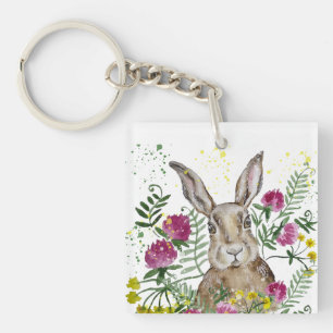 Cute bunny i vattenfärgsblommor, accentkudde