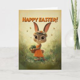 Cute Bunny in Orange Dress with Easter Basket Kort